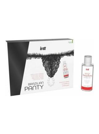 Набір Intt BRAZILIAN PANTY BLACK: трусики на зав'язках S-XL з перлинним кільцем + полунична змазка