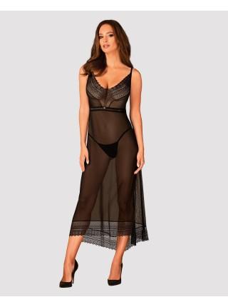 A translucent long Obsessive Estiqua chemise xl/2xl, black, asymmetrical cut