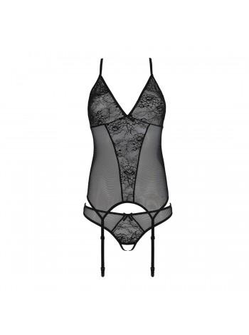 Корсет із пажами, трусики з ажурним декором та відкритим кроком Ursula Corset black L/XL — Passion