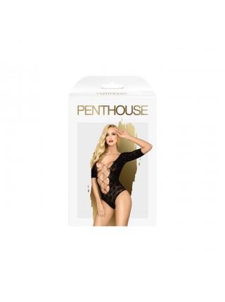 Боді Penthouse Salute Me S/L Black, імітація шнурівки на спині та декольте, геометричне плетіння
