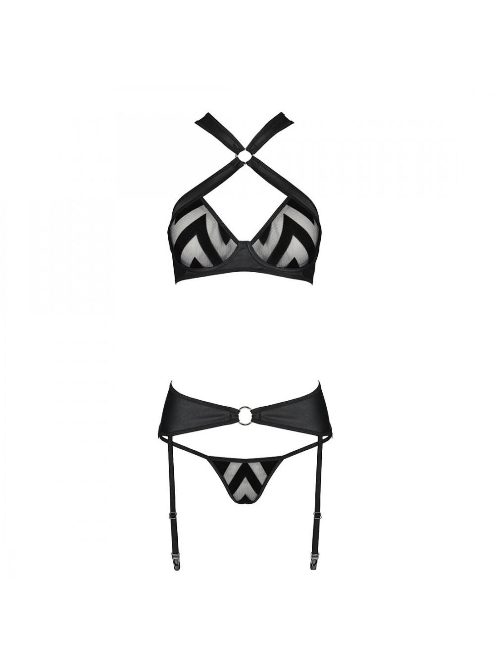 Mesh set with pattern: bra with halter, panties and belts for Hima Set Black  L/XL