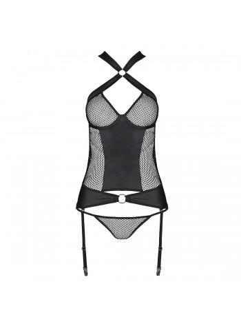 Сітчастий комплект корсет з халтером, зйомні підв'язки та трусики Amanda Corset black XXL/XXXL - Pas