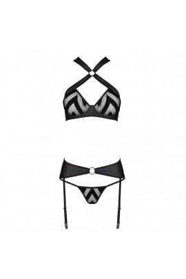 Mesh set with pattern: bra with halter, panties and belts for HIMA SET black s/m