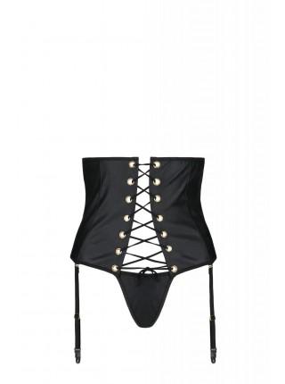 Пояс-корсет из экокожи Passion Celine Set with Open Bra 4XL/5XL black, шнуровка, пажи, стринги