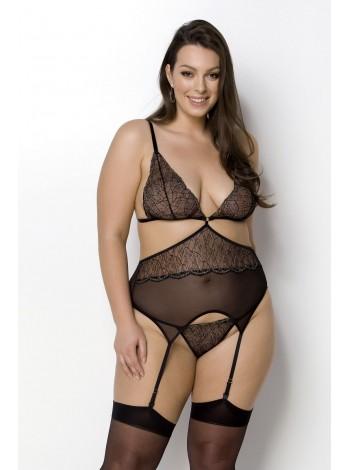 Корсет із пажами Passion Amberly Corset 4XL/5XL black, асиметричний крій, мережива, стрінги