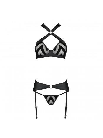 Mesh set with pattern: a bra with halter, panties and belts for Hima Set Black XXL/