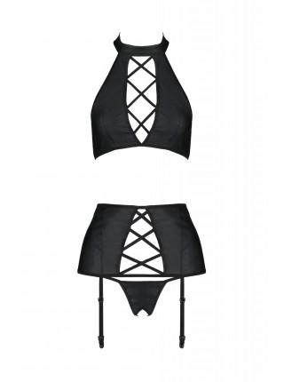 Комплект из экокожи Passion Nancy Set 4XL/5XL black, имитация шнуровки, топ, пояс для чулок