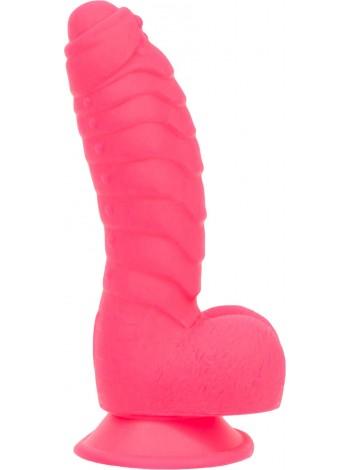Ребристый фаллоимитатор на присоске ADDICTION — Tom 7″ Dildo With Balls — Pink, вибропуля в подарок