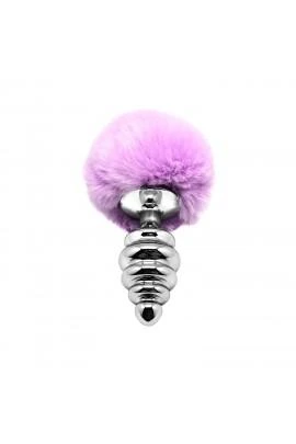 Металева анальна пробка Кролячий хвостик Alive Fluffy Twist Plug L Purple, діаметр 3,8 см