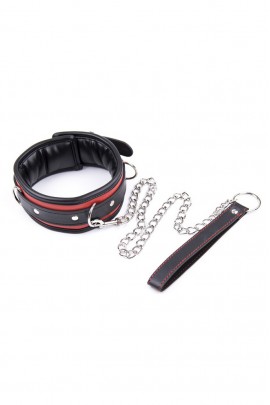 Soft black and red bdsm collar with a leash