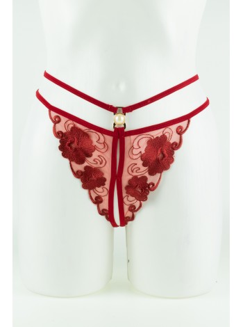 Red transparent thongs with intimate cut and embroidery