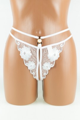 Белые прозрачные стринги с интимным вырезом и вышивкой