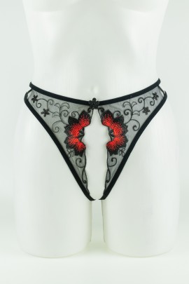 Черные прозрачные трусики с вырезом и цветочной вышивкой