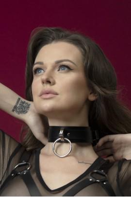 Широкий БДСМ чокер з кільцем для повідця Feral Feelings - Collar чорний, натуральна шкіра