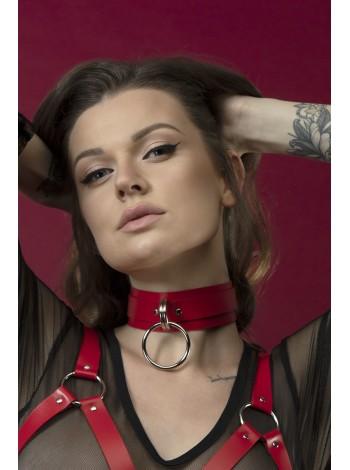 Wide Choker with Ring for Leash Feral Feelings - Collar Red, Genuine Leather