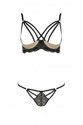 Комплект білизни VALERY SET OpenBra black L/XL - Passion Exclusive: стрепи, трусики, відкритий ліф