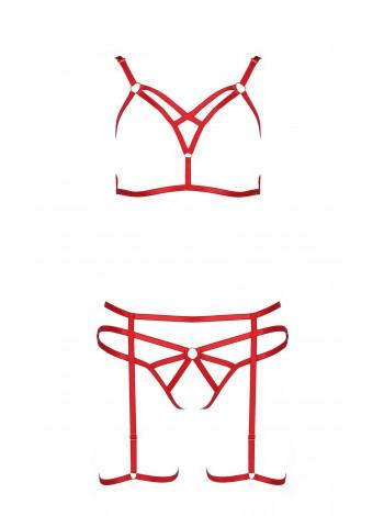 Комплект белья MAGALI SET OpenBra red L/XL - Passion Exclusive: стрэпы: лиф, трусики и пояс
