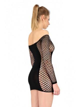 Бодистокинг Passion BS025 black, платье-сетка, спущенное плечо, длинный рукав