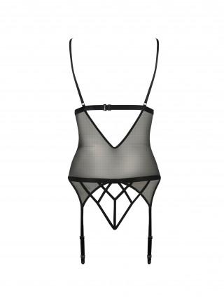 Корсет с открытой грудью DIABOLINA CORSET black L/XL - Passion, пажи, трусики, полупрозрачный