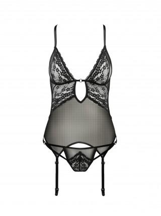 Корсет с декольте ERZA CORSET black L/XL - Passion, пажи, трусики, полупрозрачный