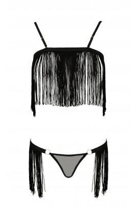 Комплект білизни KASSANDRA SET OpenBra black S/M - Passion Exclusive: ліф з бахроми, трусики-спідниця