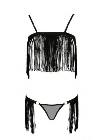 Комплект белья KASSANDRA SET OpenBra black S/M - Passion Exclusive: лиф из бахромы, трусики-юбка