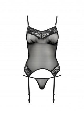 Корсет с пажами MELANIA CORSET black XXL/XXXL - Passion, трусики, полупрозрачный