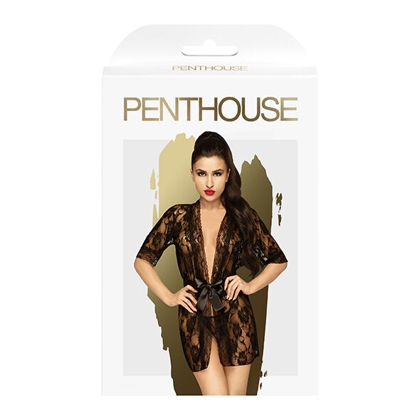 Комплект пеньюар с декором в виде роз и стрингами Penthouse - Sweet Retreat Black