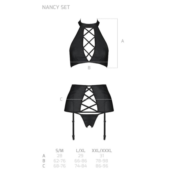 Комплект из эко-кожи имитация шнуровки Passion NANCY SET XXL/XXXL black топ трусики пояс для чулок