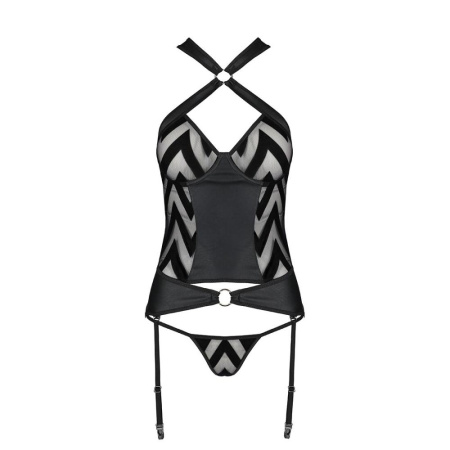 Сетчатый комплект с узором Passion HIMA CORSET L/XL, black, корсет с халтером, подвязки, трусики || Сітчастий комплект з візерунком Passion HIMA CORSET L/XL black корсет з халтером, підв'язки, трусики || Mesh set with pattern Hima Corset black L/XL - Passion, corset with halter, garters, panties