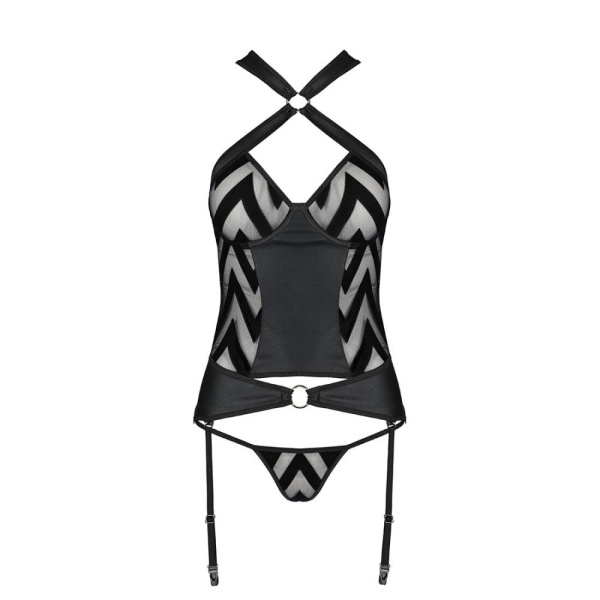 Сетчатый комплект с узором Passion HIMA CORSET L/XL, black, корсет с халтером, подвязки, трусики