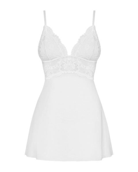 Сатиновый пеньюар с кружевом Obsessive 810-BAB-2 babydoll & thong S/M, белый, пеньюар, танга