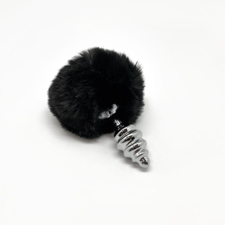 Металлическая анальная пробка Кроличий хвостик Alive Fluffy Twist Plug S Black, диаметр 2,9 см || Металева анальна пробка Кролячий хвостик Alive Fluffy Twist Plug S Black, діаметр 2,9 см || 