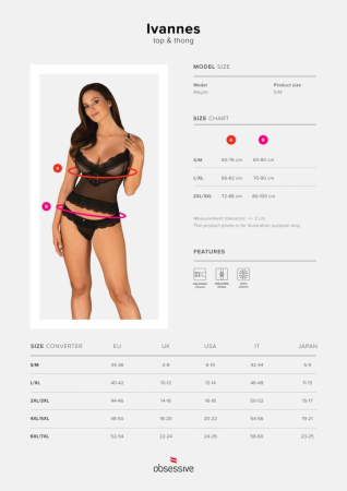 Полупрозрачный набор с украшениями Obsessive Ivannes top & thong S/M, черный, топ и танга || Напівпрозорий набір з прикрасами Obsessive Ivannes top & thong S/M, чорний, топ та танга || A translucent set with decorations ObsESIVE IVANNES TOP & TONG S/M, Black, Top and Tanga