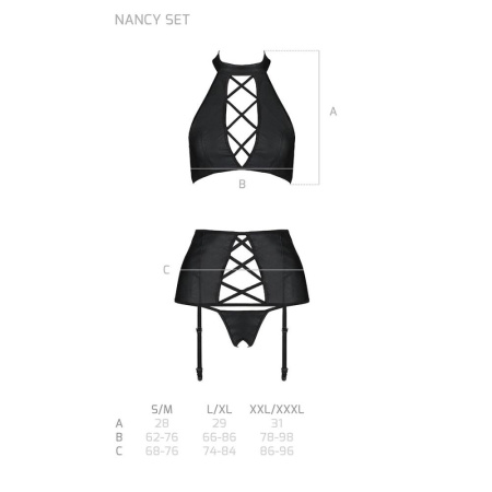 Комплект из эко-кожи с имитацией шнуровки Passion NANCY SET S/M black, топ, трусики, пояс для чулок || Комплект з еко-шкіри з імітацією шнурівки Passion NANCY SET S/M black топ, трусики, пояс для панчіх || Set from eco-leather with imitation lacing Nancy Set black S/M - Passion top, panties and belt for chulo