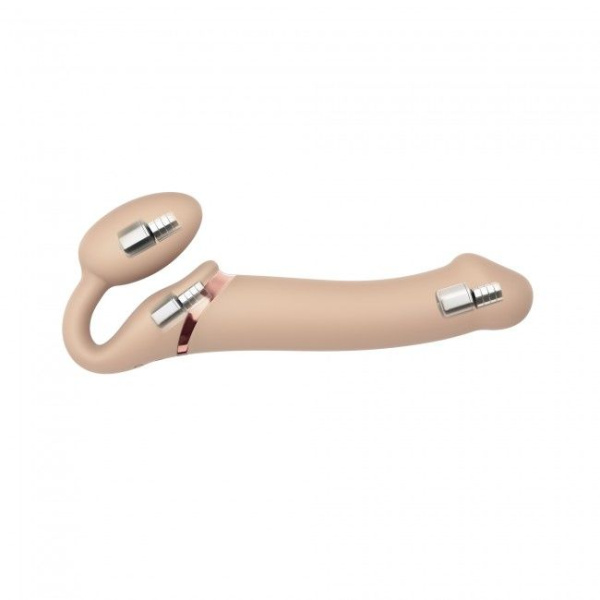 Безремневой страпон с вибрацией Strap-On-Me Vibrating Flesh L, диаметр 4,2 см, пульт ДУ, регулируемый