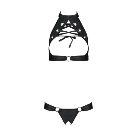 Комплект открытый топ и трусики из эко-кожи с люверсами Passion MALWIA SET Open Bra XXL/XXXL black || Комплект відкритий топ та трусики з екошкіри з люверсами Passion MALWIA SET OpenBra XXL/XXXL, black || Set: open top and panties from eco-leather with eco Malwia Set with Open Bra black XXL/XXXL