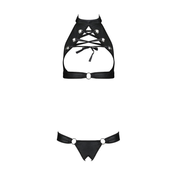 Комплект открытый топ и трусики из эко-кожи с люверсами Passion MALWIA SET Open Bra XXL/XXXL black