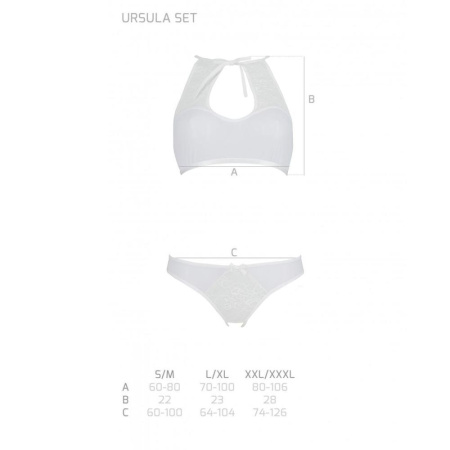 Комплект из бра, трусиков с ажурным декором и открытым шагом Passion URSULA SET S/M, white || Комплект із бра, трусиків з ажурним декором та відкритим кроком Passion URSULA SET S/M, white || Set: 5xl, panties with weave decor and fights shagom Ursula Set white S/M — Passion