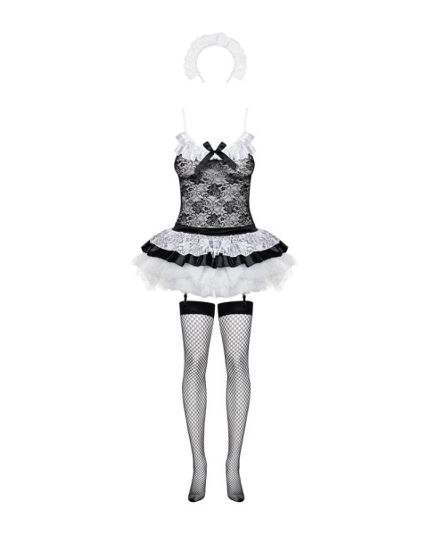 Эротический костюм горничной с юбкой Obsessive Housemaid 5 pcs costume S/M, black, топ, юбка, стринги, повязка на голову, чулки