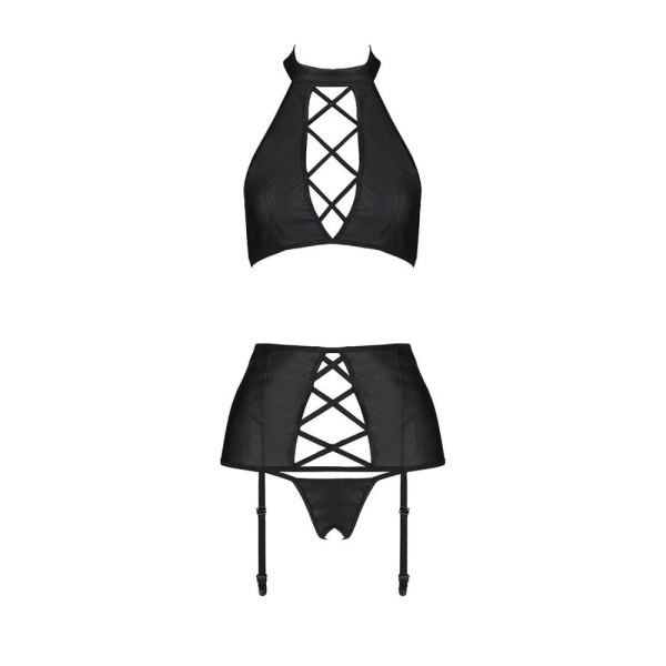 Комплект из эко-кожи имитация шнуровки Passion NANCY SET XXL/XXXL black топ трусики пояс для чулок