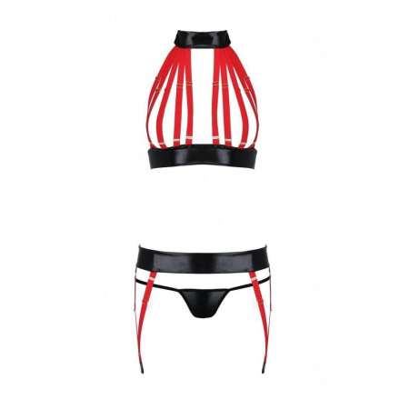 Комплект женского белья из ремешков Passion AZIZA S/M, red, бюстгальтер, пояс, стринги || Комплект жіночої білизни з ремінців Passion AZIZA S/M, red, бюстгальтер, пояс, стринги || Erotic kit Aziza.