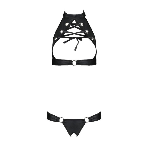 Комплект из экокожи Passion MALWIA SET with Open Bra 6XL/7XL black, топ и трусики с люверсами