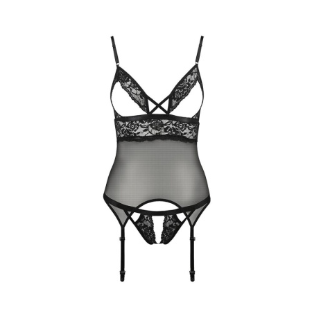 Корсет с открытой грудью Passion DIABOLINA CORSET S/M, black, пажи, трусики, полупрозрачный || Корсет з відкритими грудьми Passion DIABOLINA CORSET S/M, black, пажі, трусики, напівпрозорий || Corset with open breast DIABOLINA CORSET black S/M - Passion, pliers, panties, semi-transparent