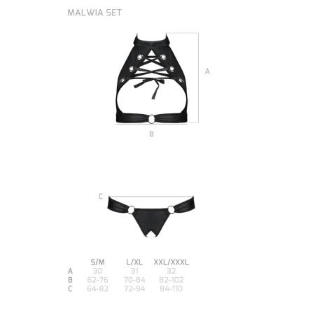 Комплект открытый топ и трусики из эко-кожи с люверсами Passion MALWIA SET Open Bra XXL/XXXL black || Комплект відкритий топ та трусики з екошкіри з люверсами Passion MALWIA SET OpenBra XXL/XXXL, black || Set: open top and panties from eco-leather with eco Malwia Set with Open Bra black XXL/XXXL