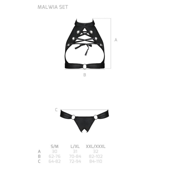 Комплект открытый топ и трусики из эко-кожи с люверсами Passion MALWIA SET Open Bra XXL/XXXL black