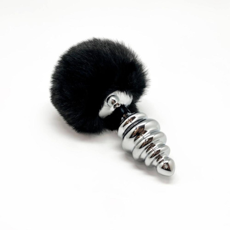 Металлическая анальная пробка Кроличий хвостик Alive Fluffy Twist Plug L Black, диаметр 3,8 см || Металева анальна пробка Кролячий хвостик Alive Fluffy Twist Plug L Black, діаметр 3,8 см || 