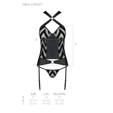 Сетчатый комплект с узором Passion HIMA CORSET L/XL, black, корсет с халтером, подвязки, трусики || Сітчастий комплект з візерунком Passion HIMA CORSET L/XL black корсет з халтером, підв'язки, трусики || Mesh set with pattern Hima Corset black L/XL - Passion, corset with halter, garters, panties