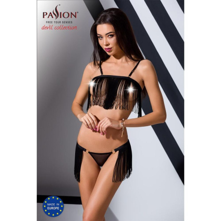 Комплект белья Passion Exclusive KASSANDRA SET OpenBra L/XL, black, лиф из бахромы, трусики-юбка || Комплект білизни Passion Exclusive KASSANDRA SET OpenBra L/XL black, ліф з бахроми, трусики-спідниця || Set lingerie KASSANDRA SET OpenBra black L/XL - Passion Exclusive: bodice from develops, skirt panties