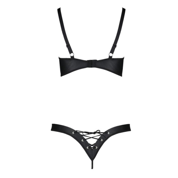 Комплект из экокожи Passion CELINE BIKINI 6XL/7XL black, открытый бра, стринги со шнуровкой